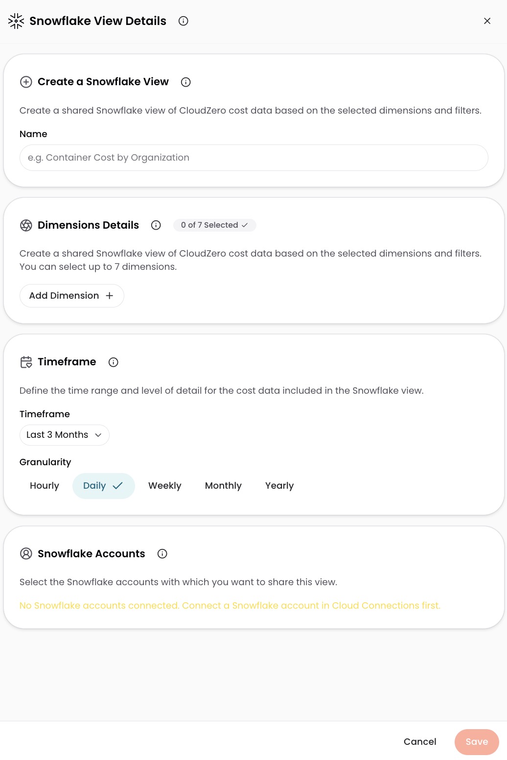 Create Snowflake View form with Dimensions, time range, and account selection