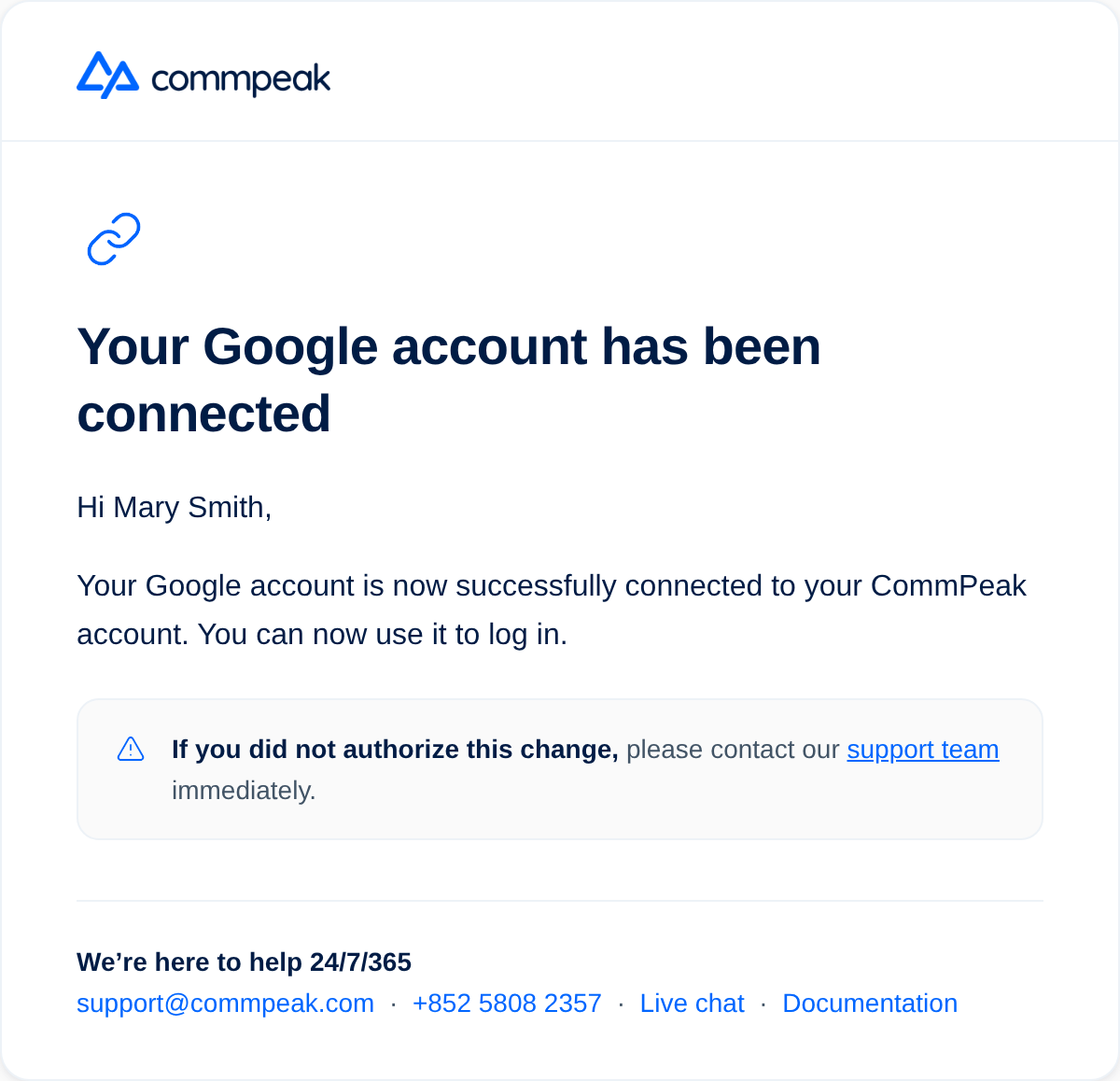 Screenshot of the Your account has been connected email