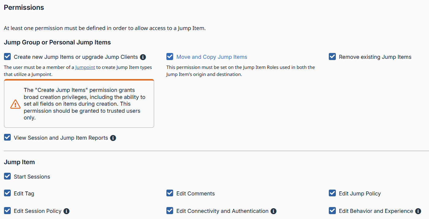 The "Create new Jump Items or upgrade Jump Clients" checkbox is checked, and the warning message is displayed. The edit permissions are selected: Edit tag, Edit comments, Edit Jump Policy, Edit session policy, Edit connectivity and authentication, and Edit behavior and experience.