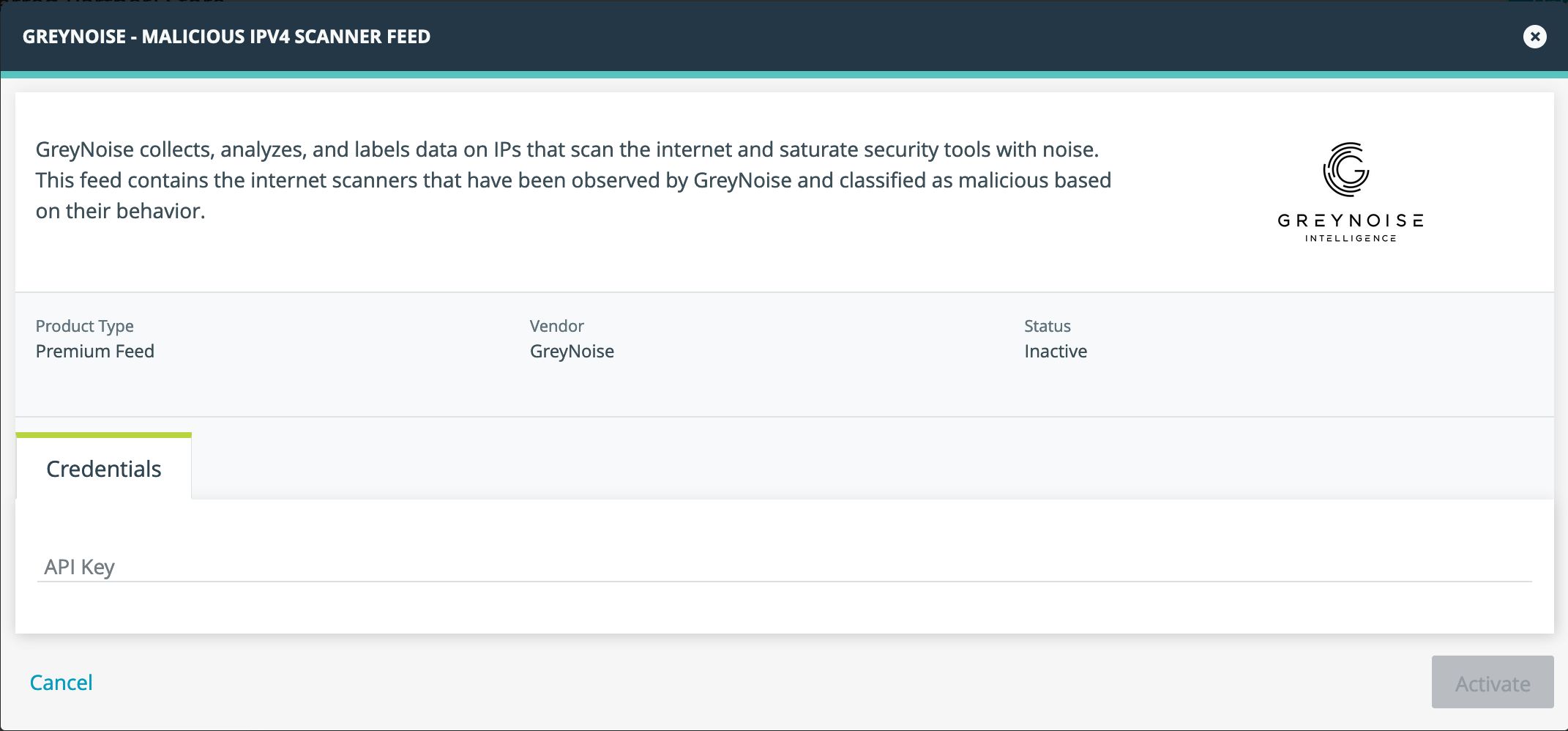 GreyNoise Feed credential configuration dialog