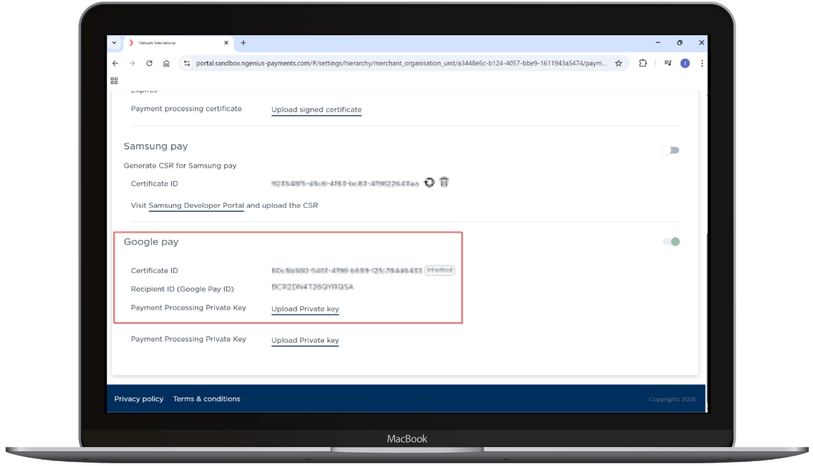Login to the Merchant dashboard and navigate to the highlighted section to add the Google Pay details.