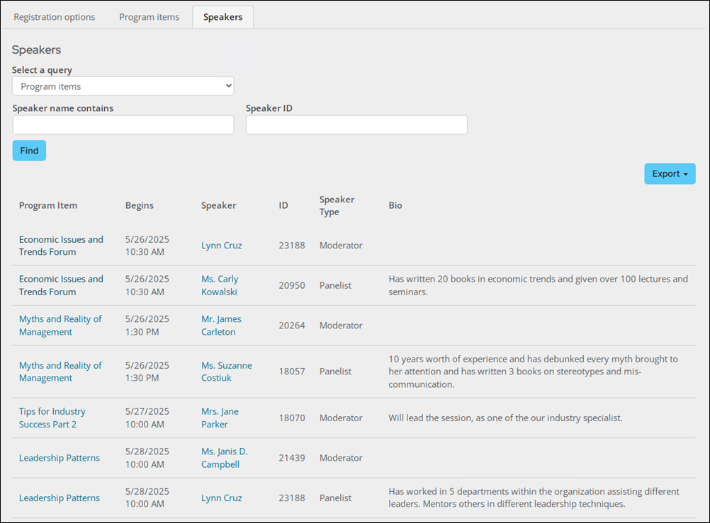 On the speakers page, the Program items query lists the speakers for each program item