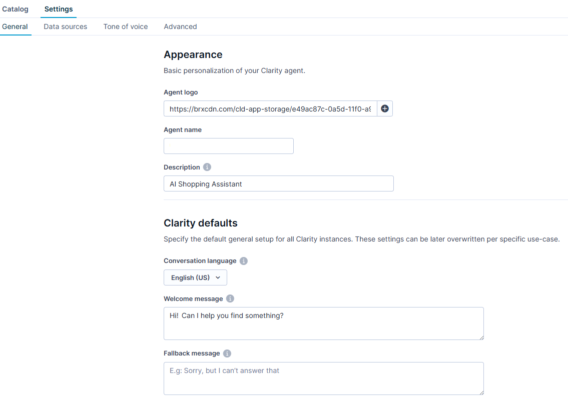 Define universal settings for Clarity agent. These settings apply in every instance where the agent appears.