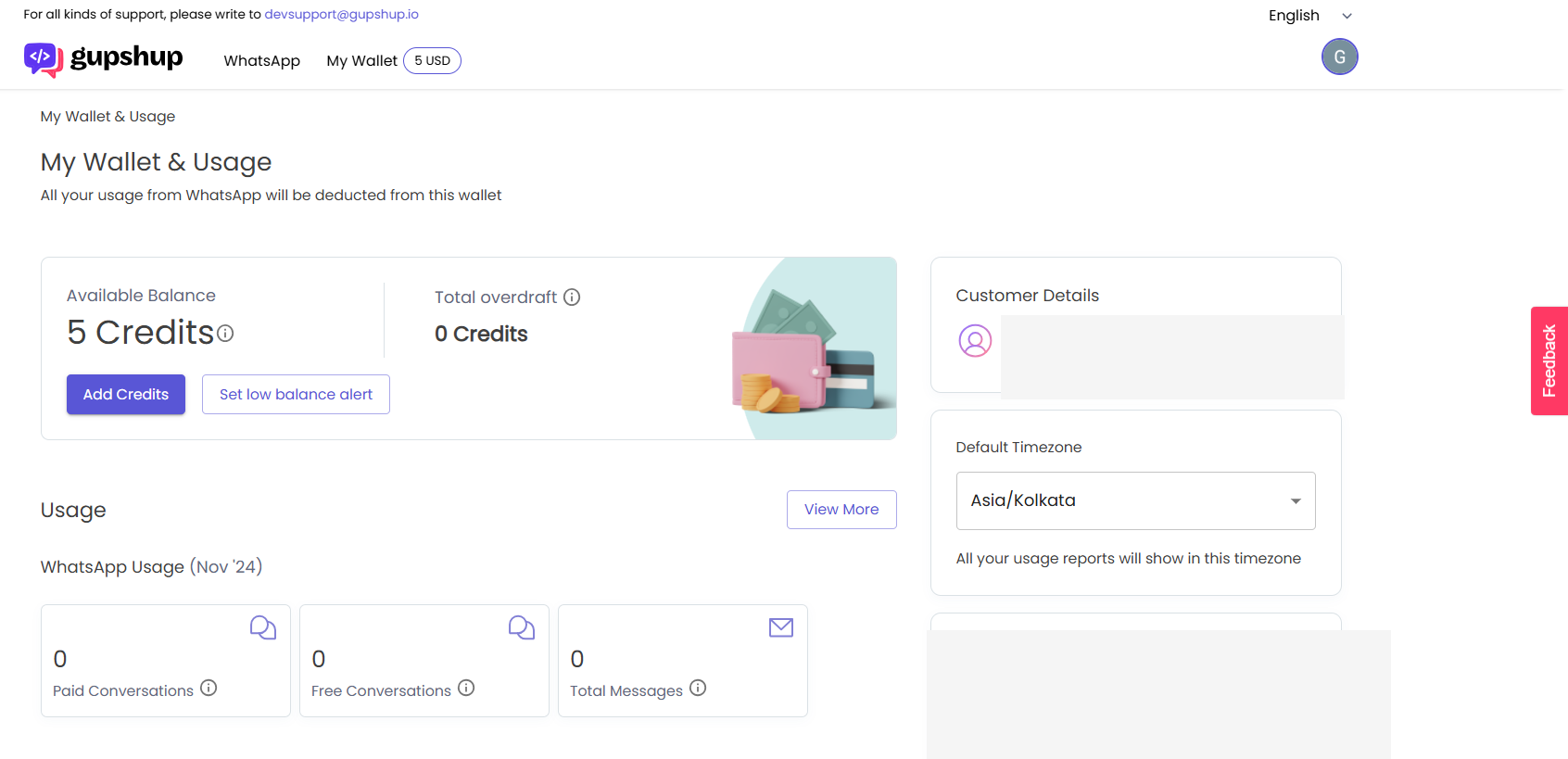 Wallet home page showing balance, usage, and billing history