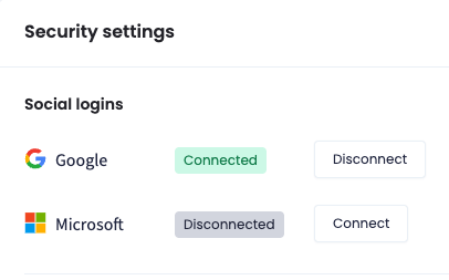 Screenshot of the Security settings section with Social logins with Google Connected and Microsoft Disconnected