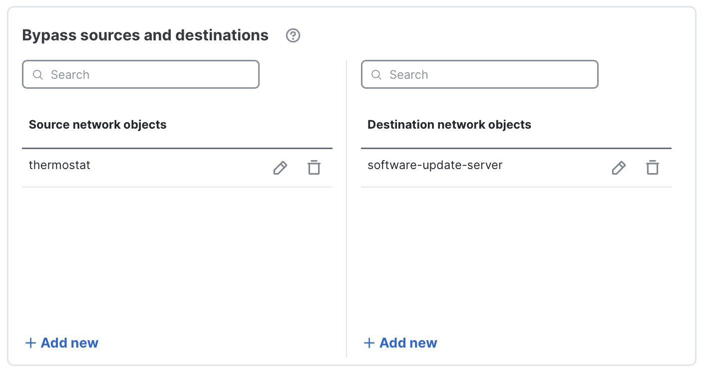 Bypass sources and destinations section with example configuration