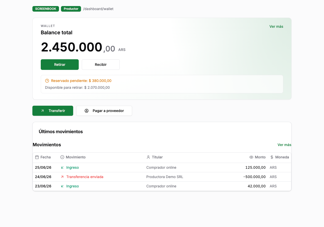 Billetera real con balance y movimientos