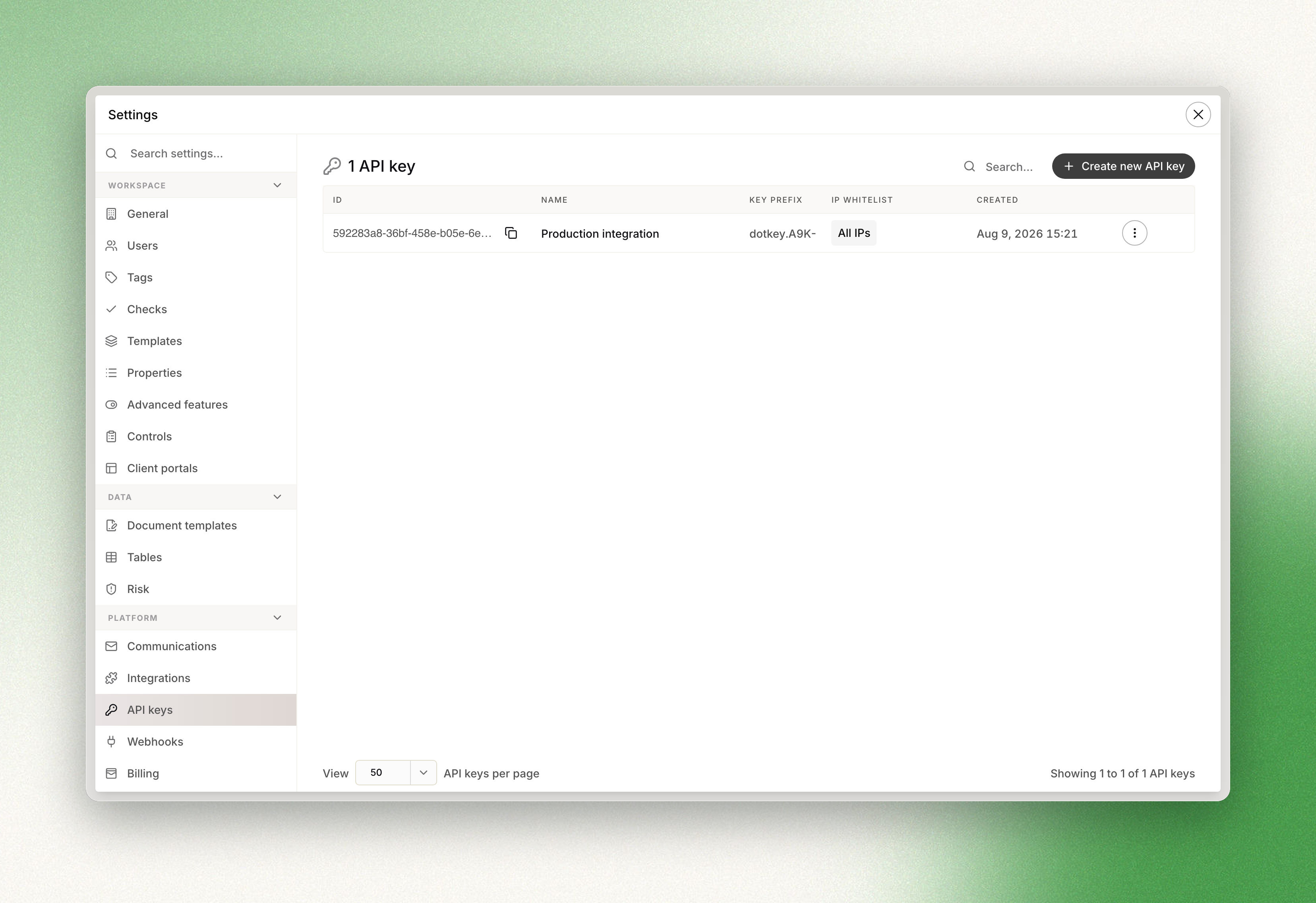 Workspace settings, API keys