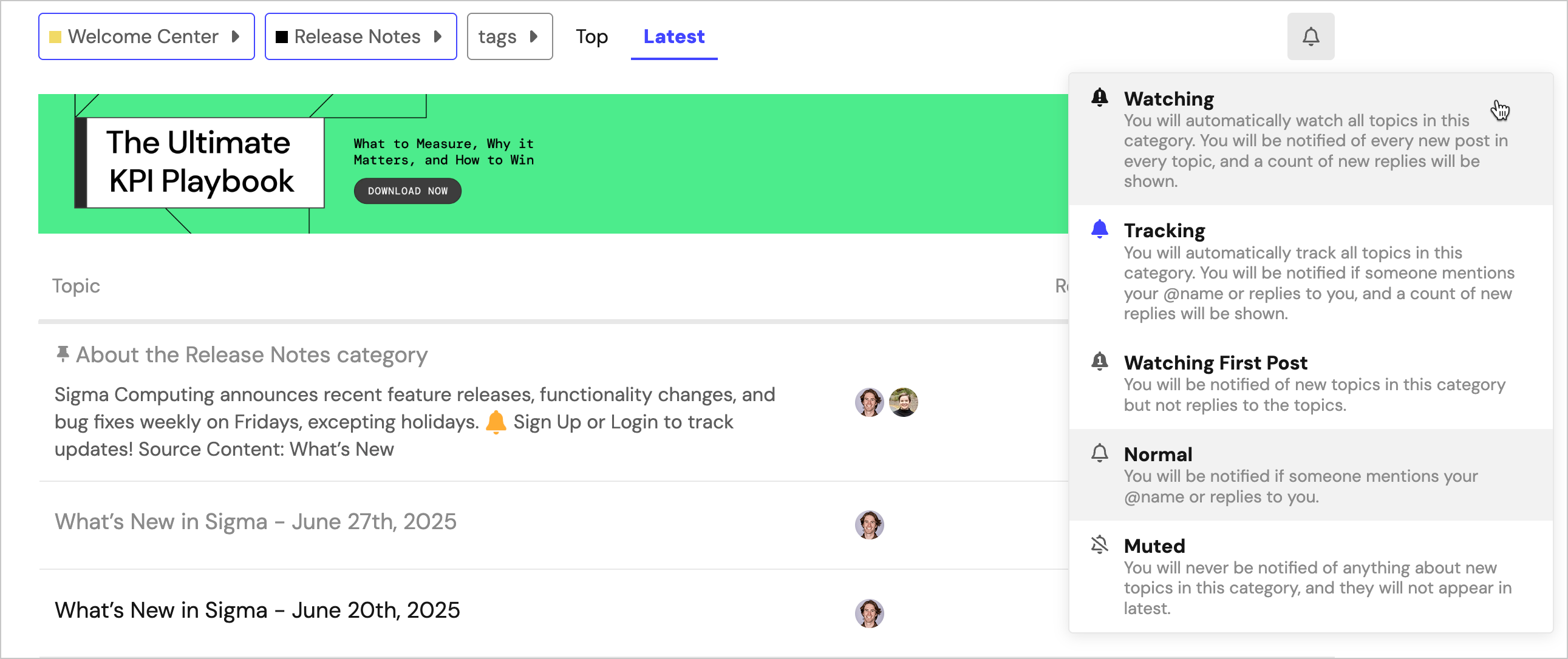 Sigma Community Release Notes page on the Sigma Community website with the bell notifications icon selected, showing the available subscription options including Watching and Tracking