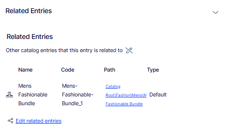 Screenshot of the Related Entries section showing a related entry named Mens Fashionable Bundle with its code, path, and relationship type.