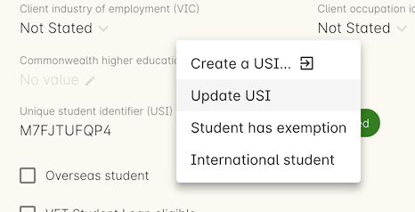 Figure 449. Click the cogwheel next to the USI field,then select Update USI to update an already verified contact