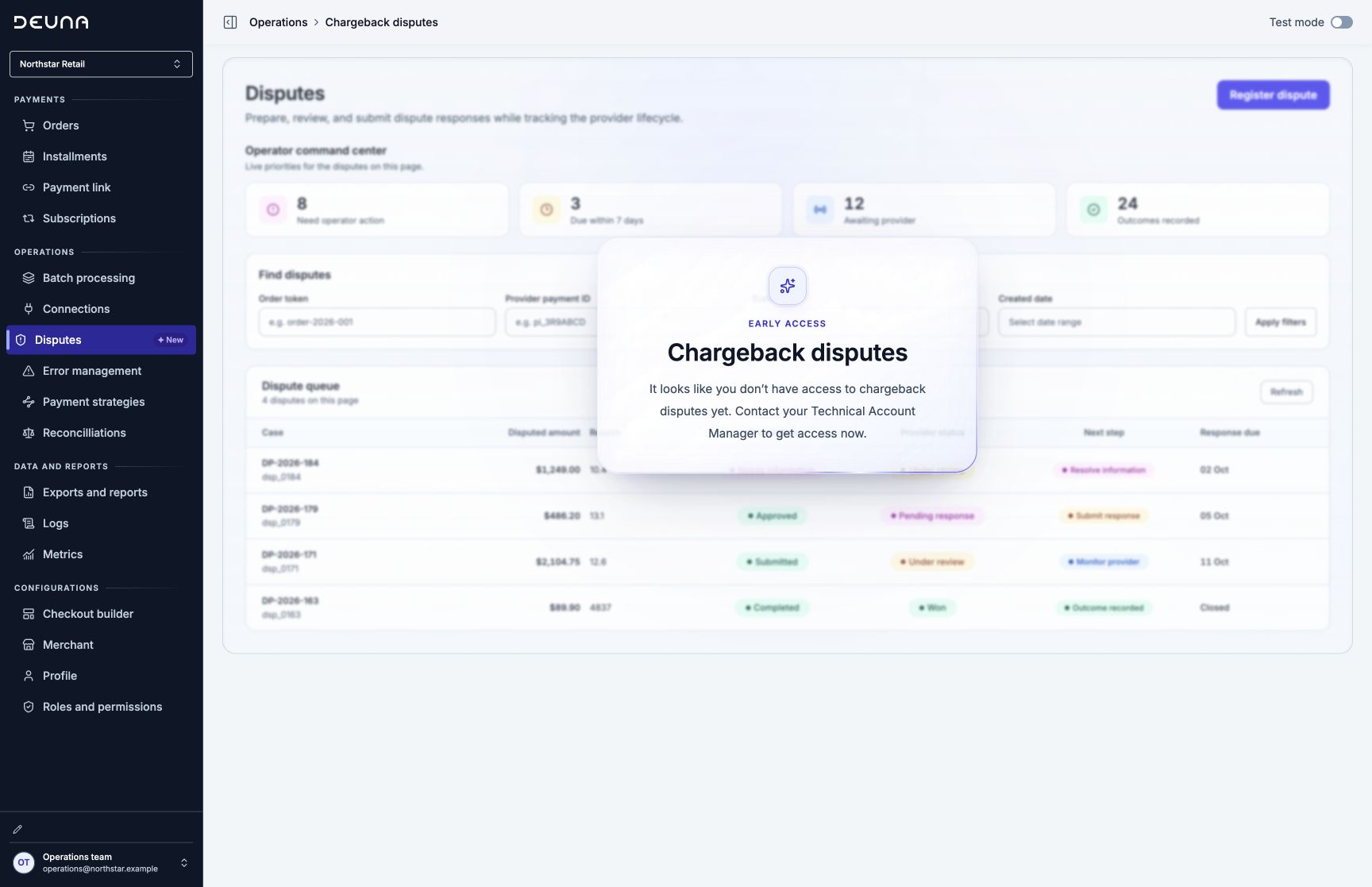 Early-access message for Chargeback disputes in DEUNA Admin