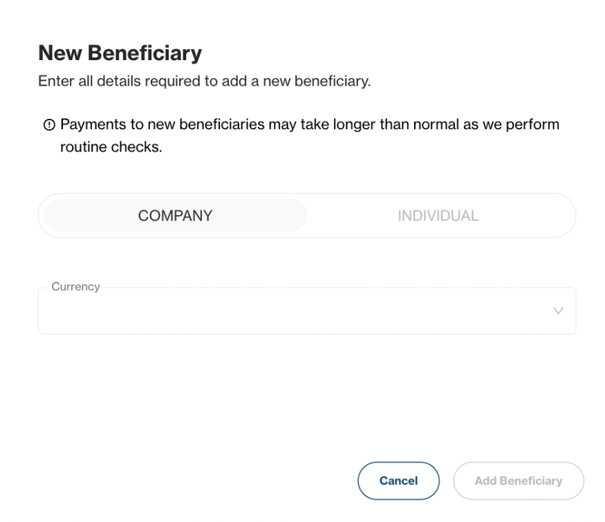 New beneficiary creation form, showing initial details requested