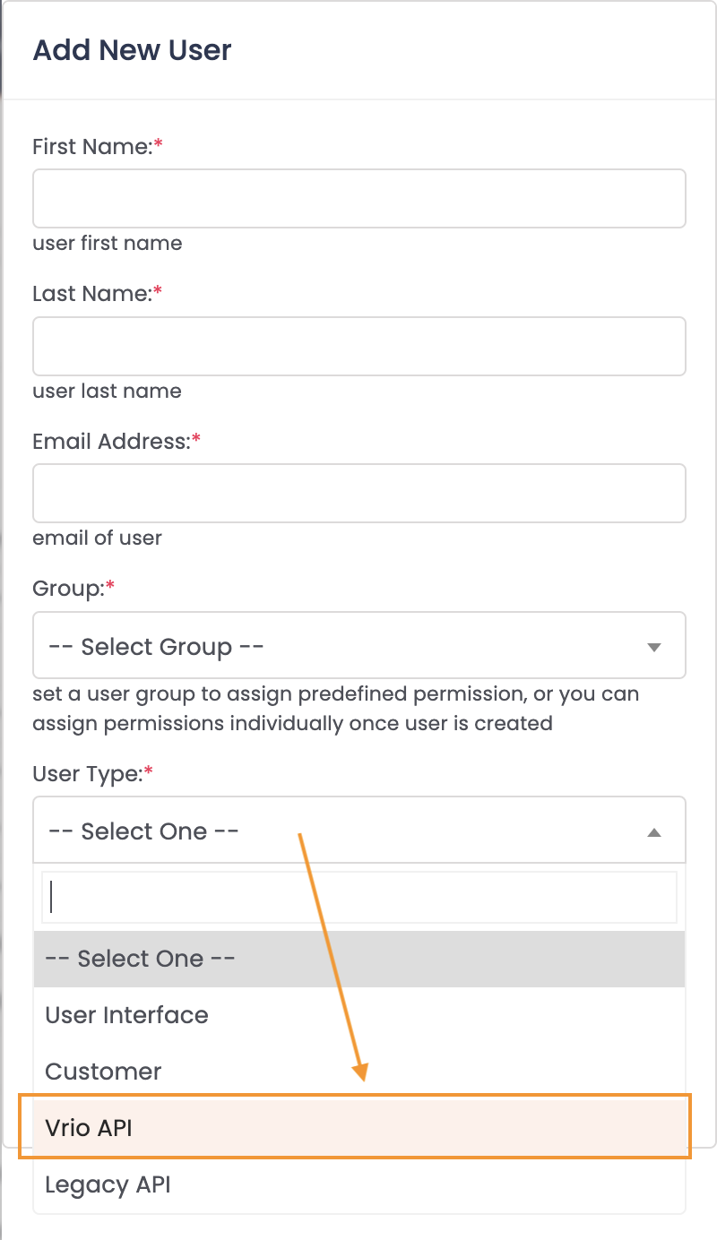User Type selection dropdown