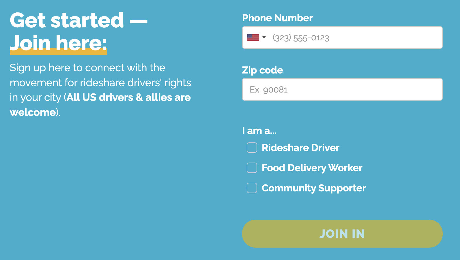 Rideshare union signup form on their home page