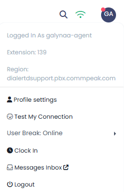 Screenshot of the user profile menu