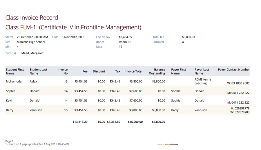 Figure 306. Class Invoice Record