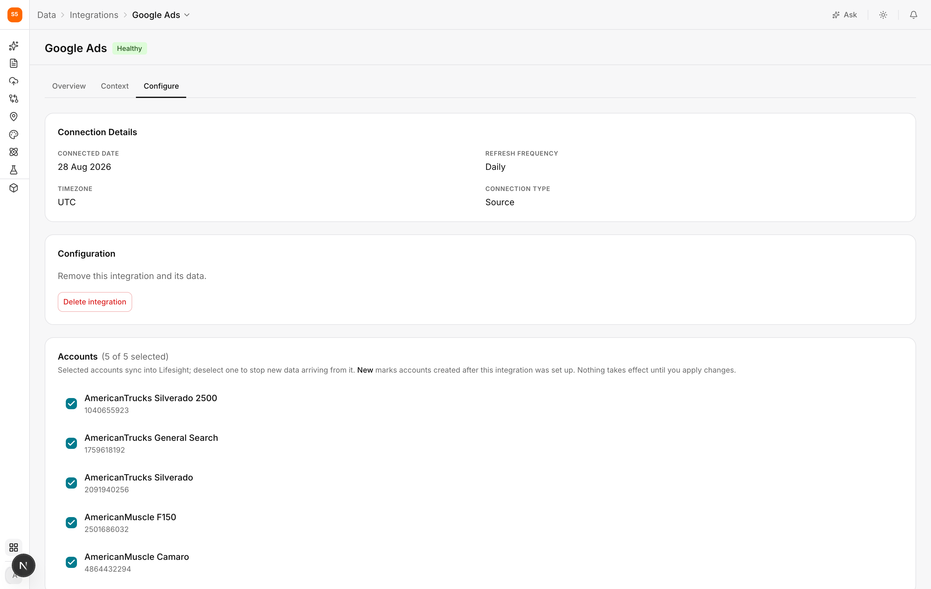 An integration's Configure tab
