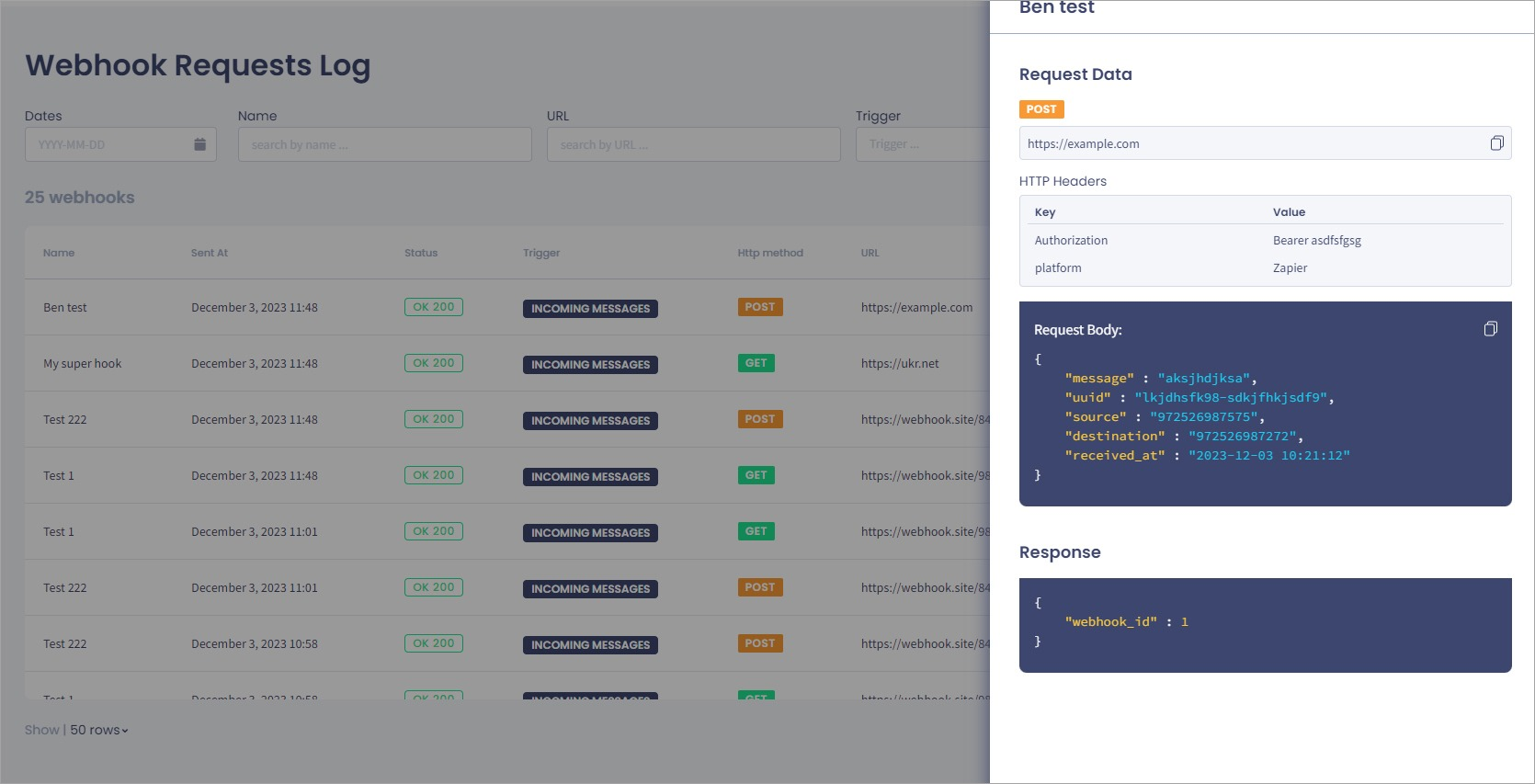 Screenshot of the detailed information about one of the requests from the 'Webhook Requests Log' table.