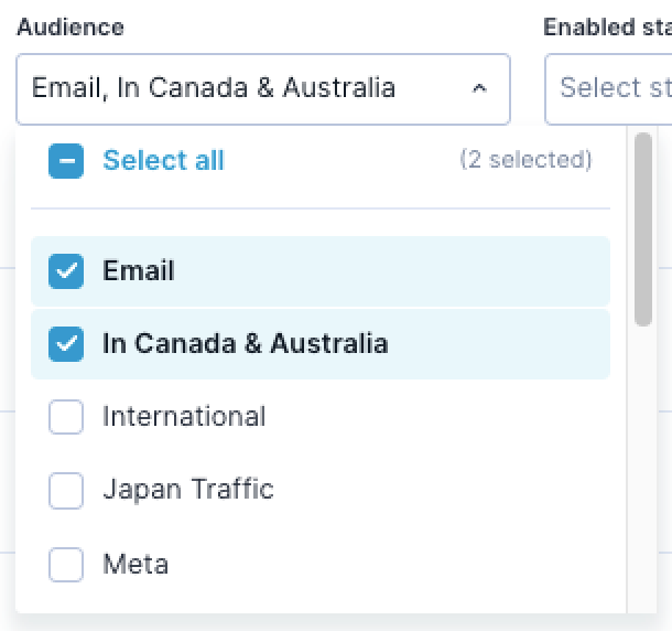 Rule configuration screen with the Audience dropdown open, showing a list of defined audiences.
