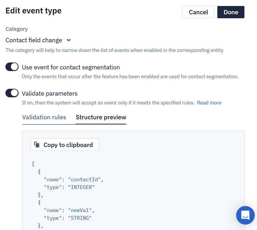 Structure preview tab showing event parameters compared to validation rules