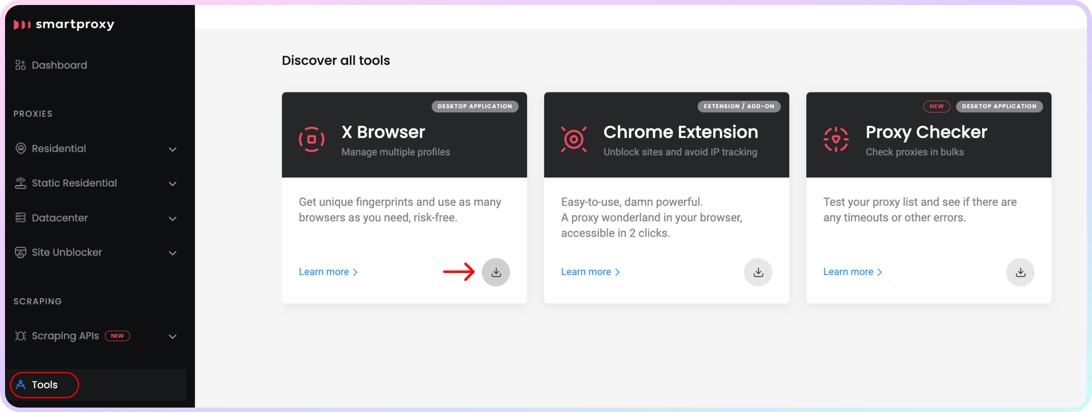 Smartproxy dashboard – Tools section.

***