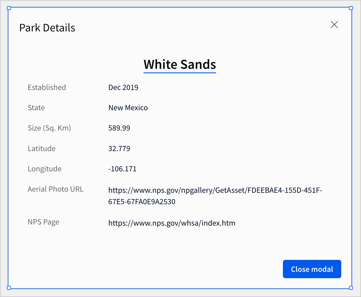 A modal with a single row container showing detailed information about White Sands national park.