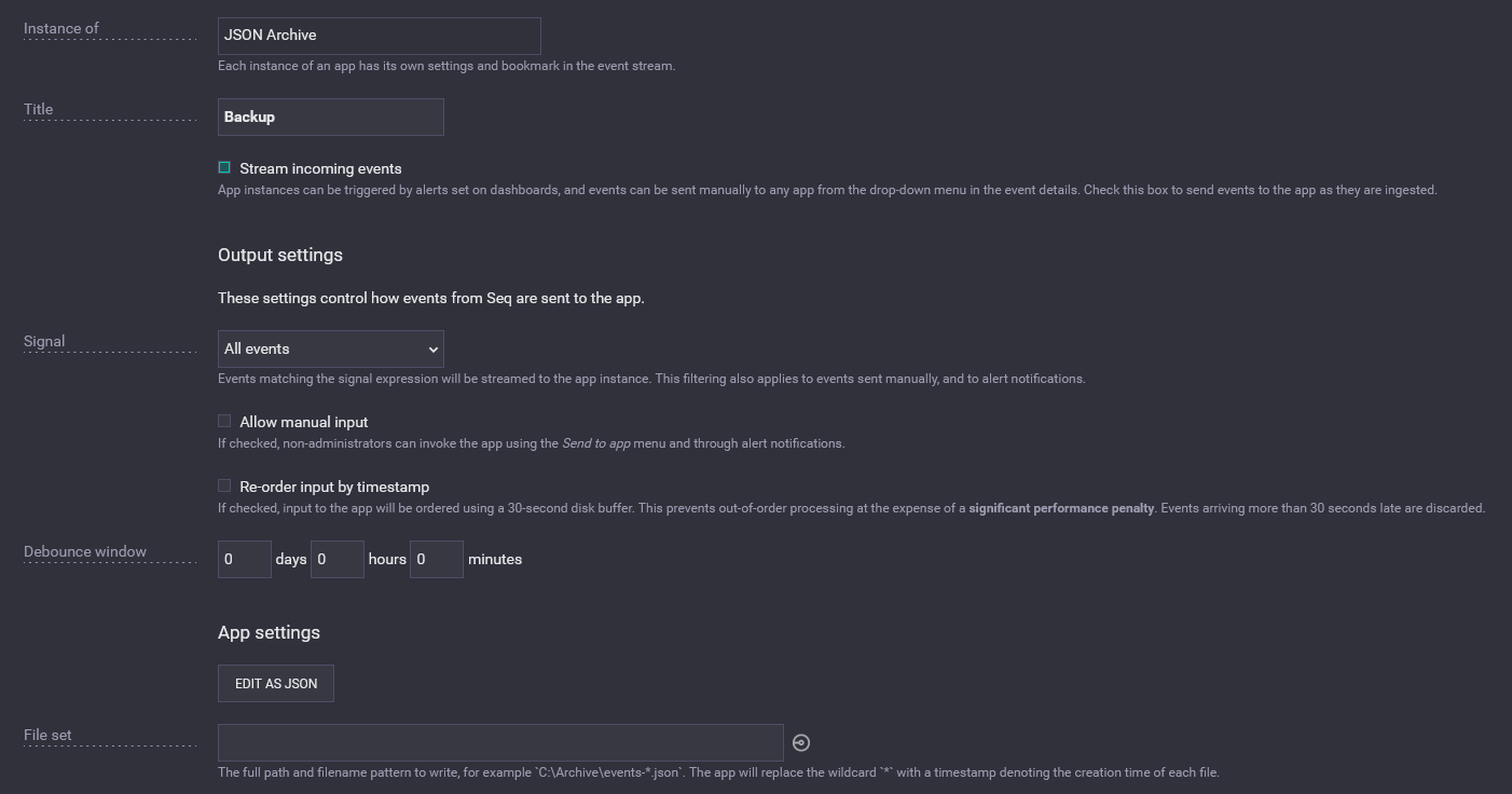 Configuring an instance of Seq.App.JsonArchive