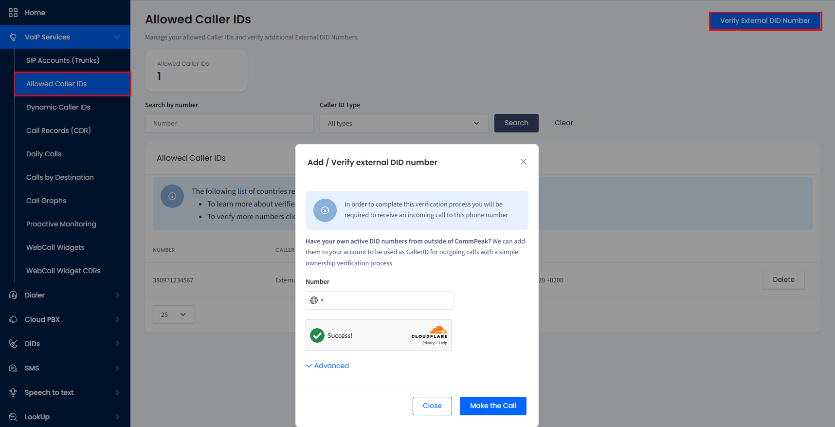Screenshot of the DID number verification