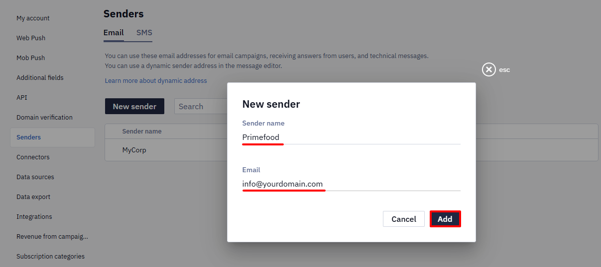 The sender name and email address