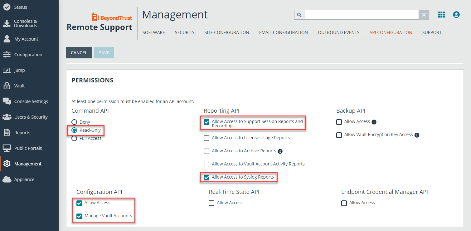 The permissions window in Remote Support Cloud, with required permissions for Insights outlined