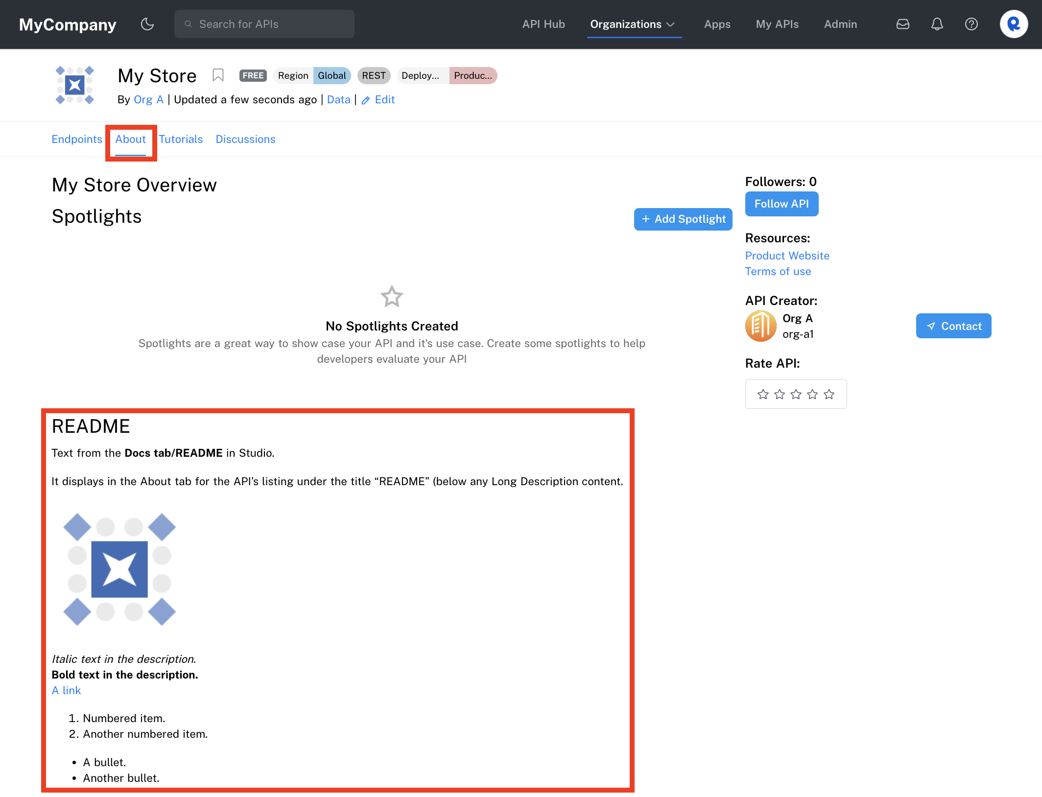 Viewing Docs tab / README information on the About tab of an API's listing.