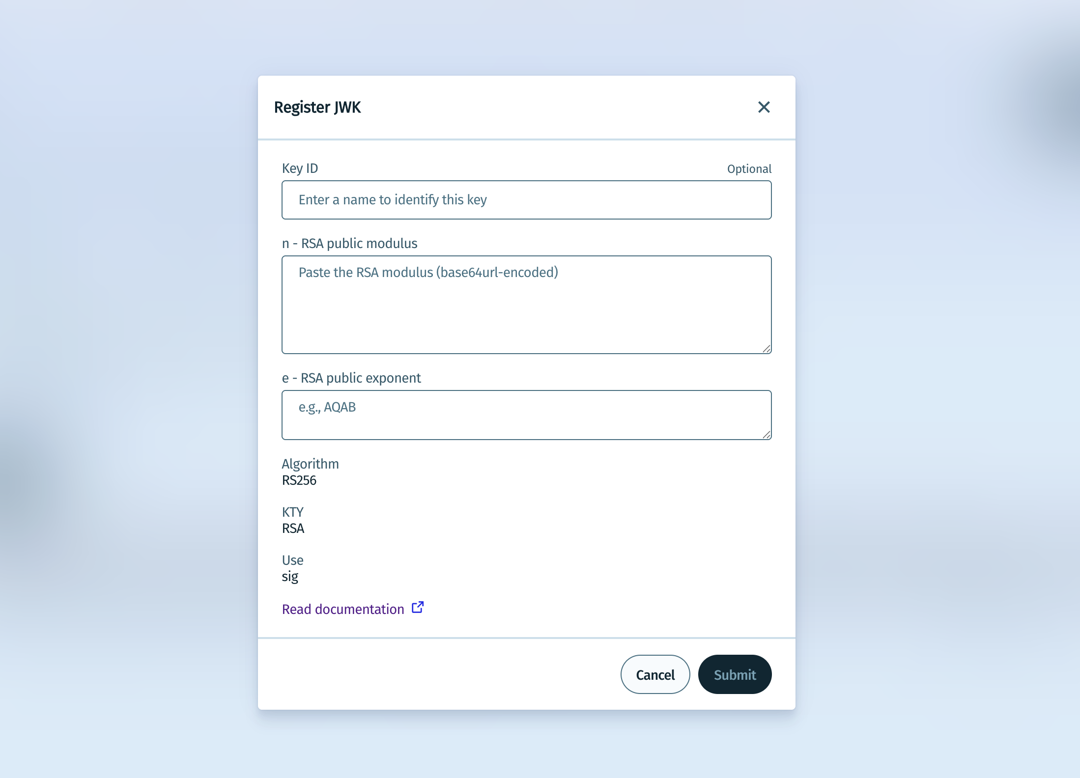 Enter the public components of the RSA key