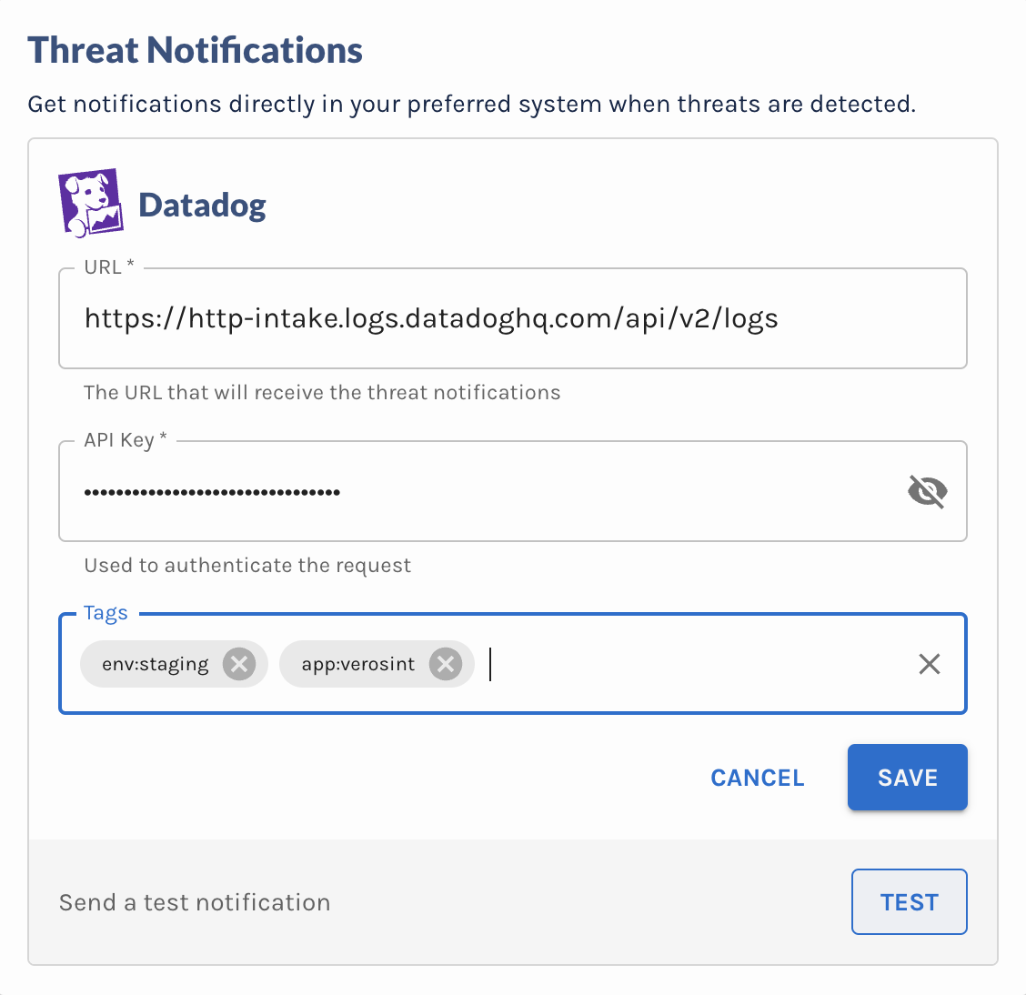 Example Datadog Threat Notification dialog