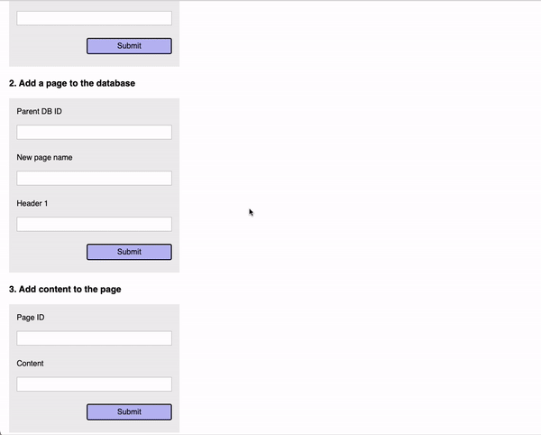 Submitting the database form and visiting the Notion URL from the response.