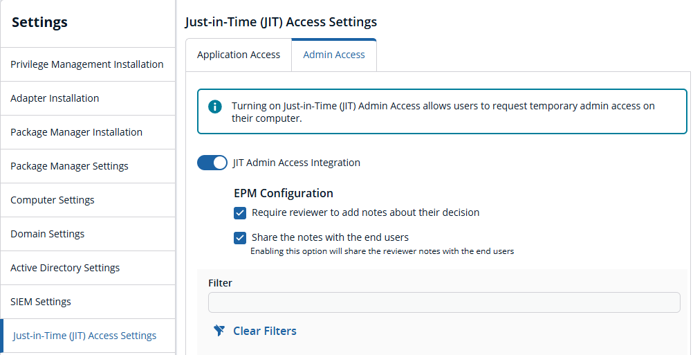 JIT administration access settings