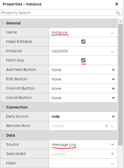 Database Instance widget configuration