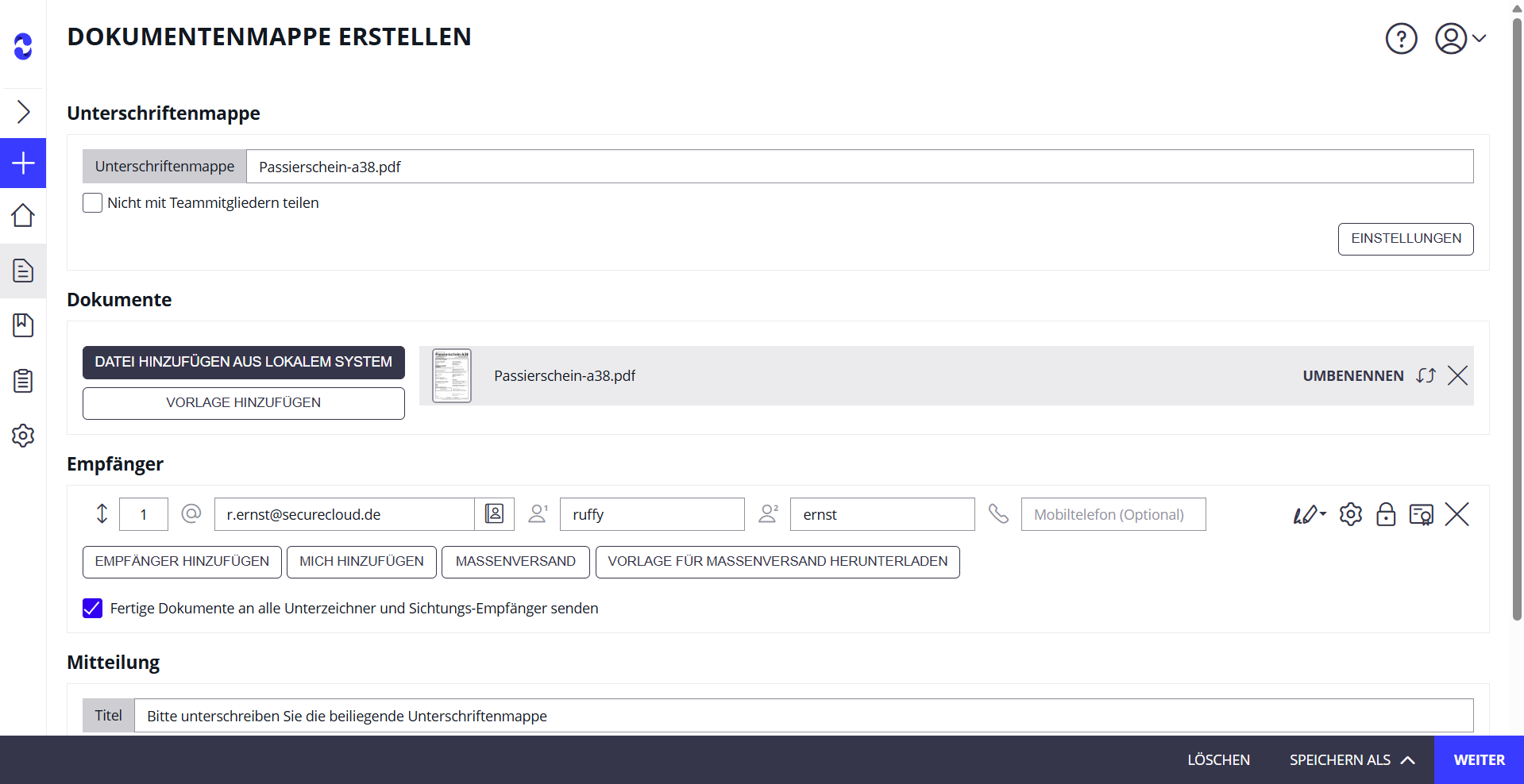 Dokumentenmappe erstellen – Dokument hochladen