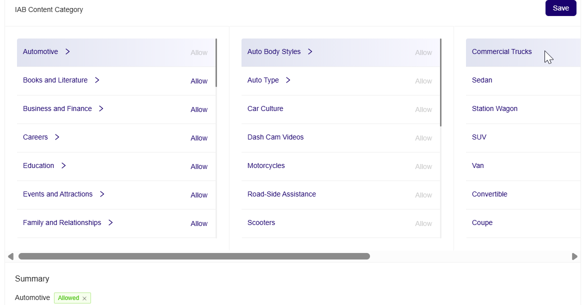 **Allowed for IAB Content Categories (Optional)**