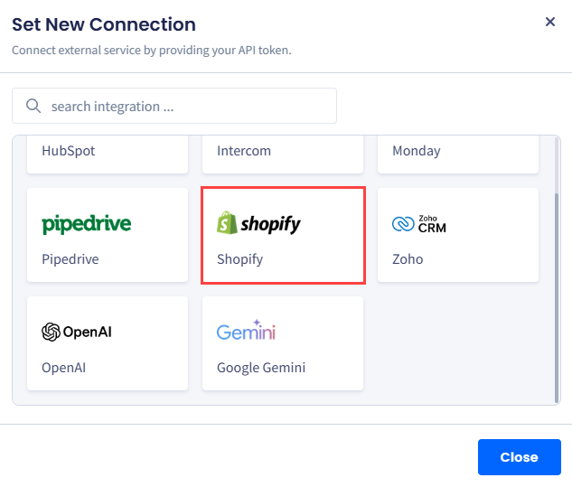 Screenshot of the screen with selecting Shopify in **Set New Connection**