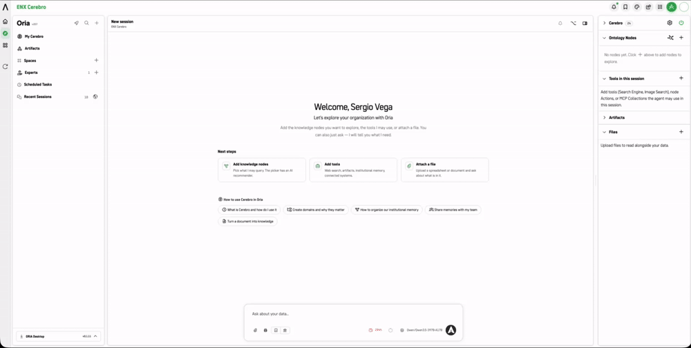 Screenshot: New session workspace with Add knowledge nodes, Add tools, and Attach a file cards