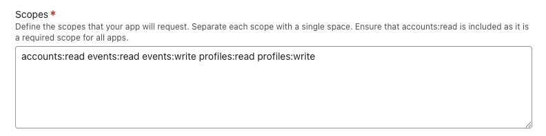Example of listed scopes including accounts:read, events:read, etc. with spaces between each entry