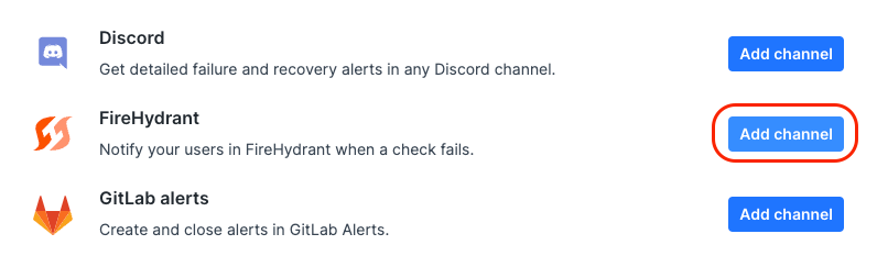 FireHydrant on the list of channels in Checkly