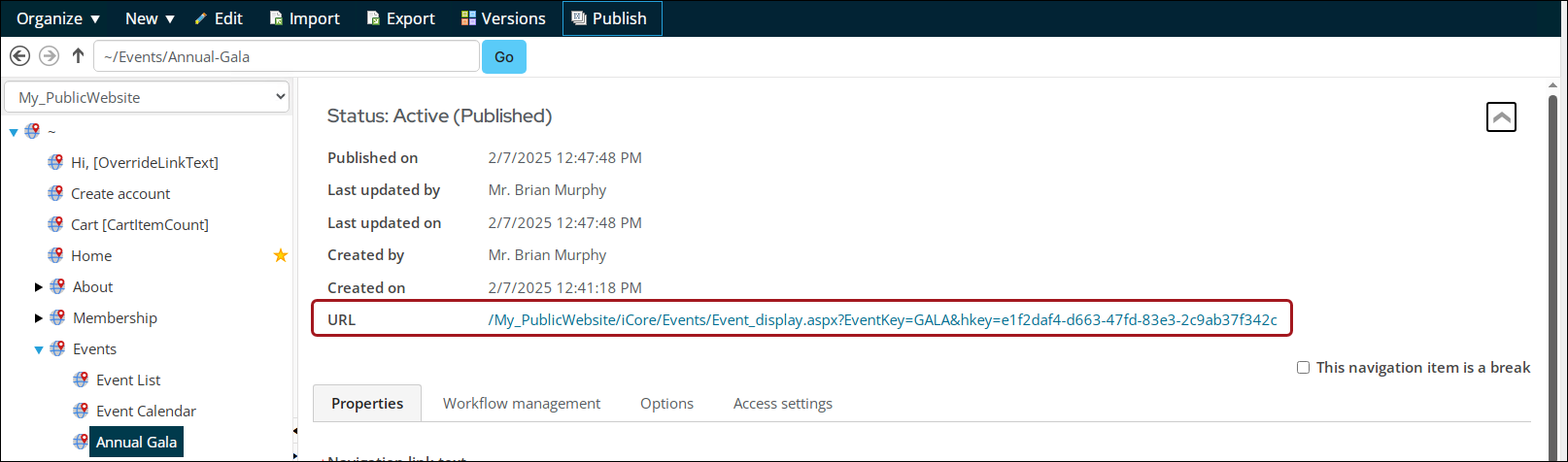 Check that the URL is correct from the Status area.