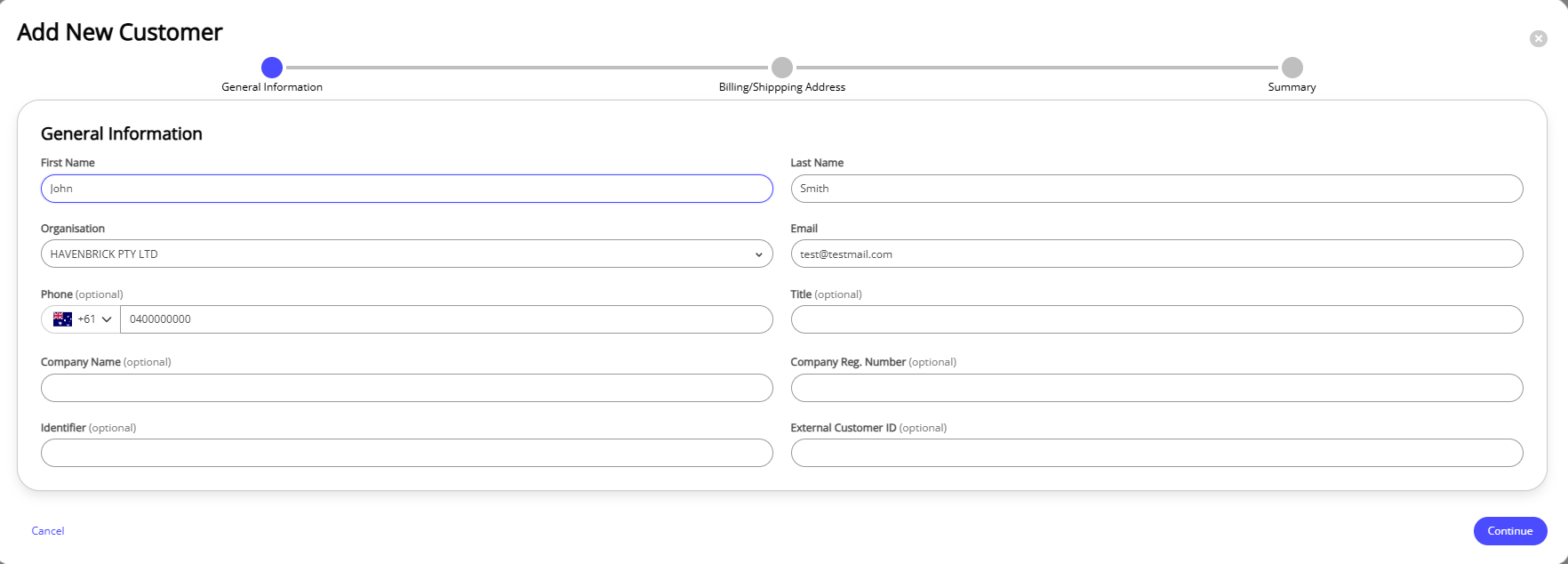 The General Information tab of the add new customer to the Customer Catalogue wizard.