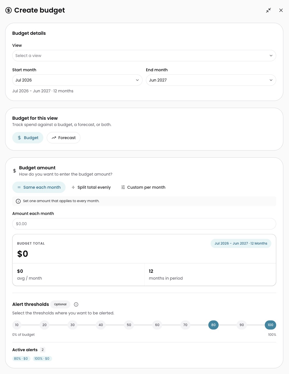 Create Budget form showing Budget details, amount options, and alert thresholds