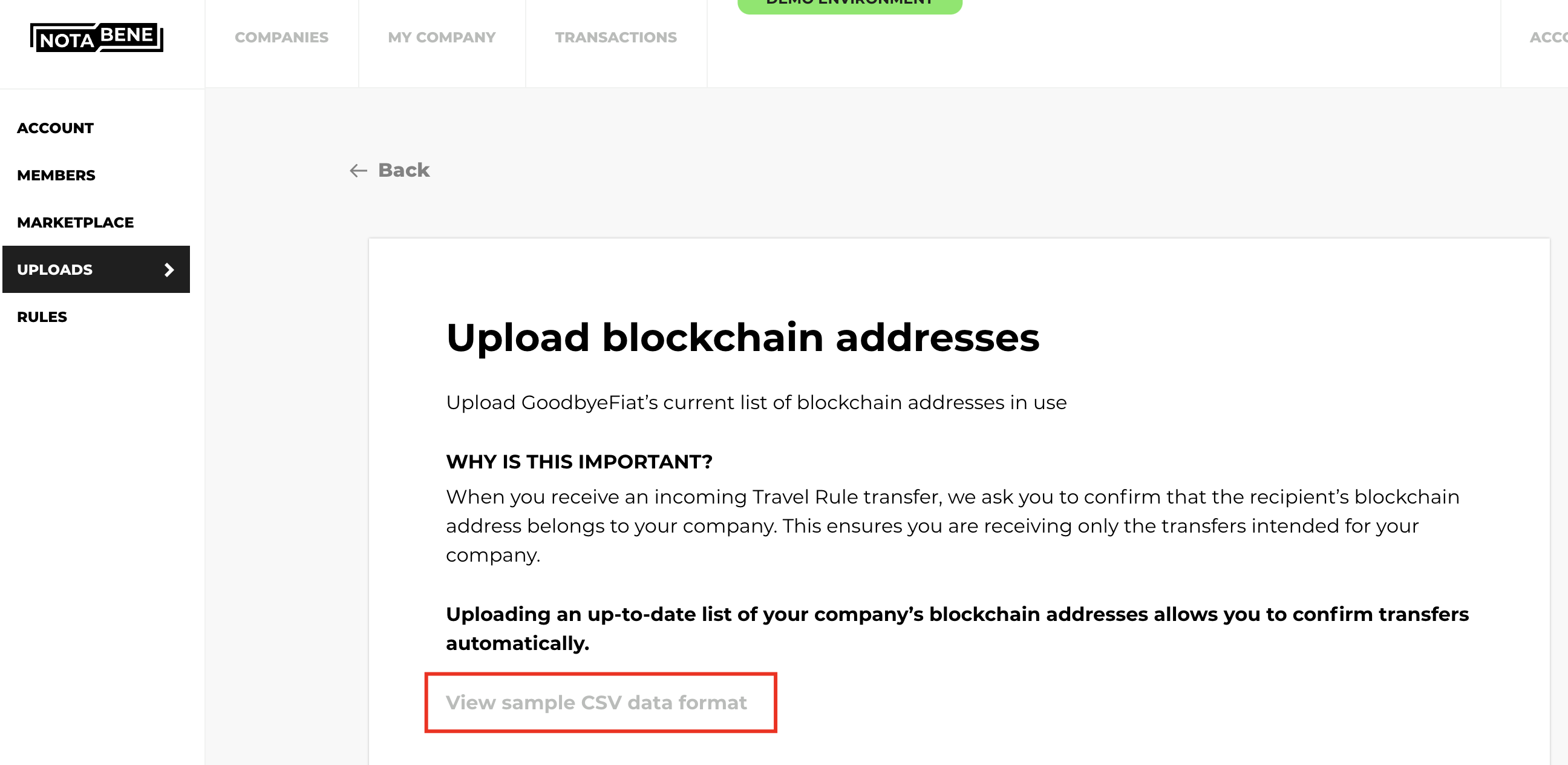 Upload a file with blockchain addresses manually