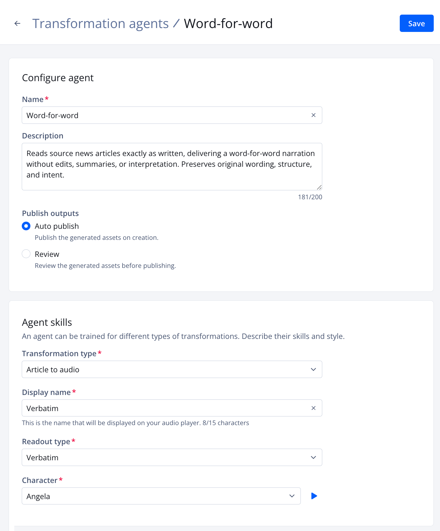 Transformation agent settings page
