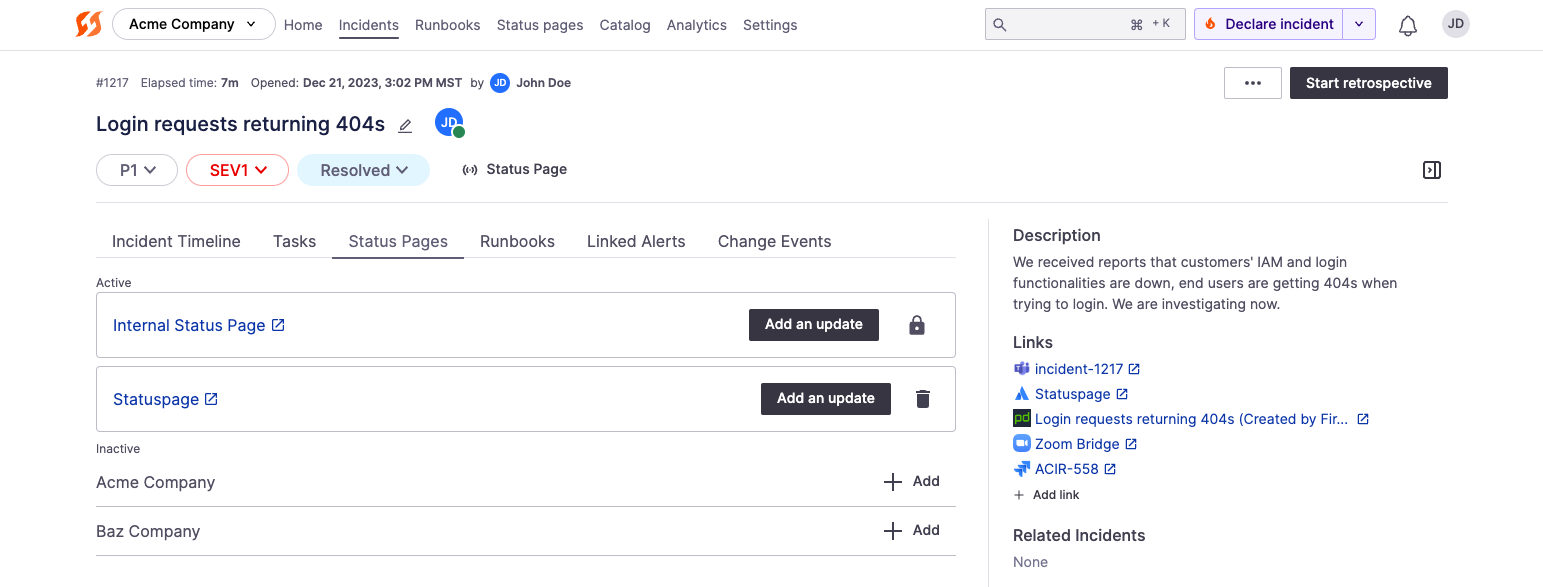 Status Pages tab on an incident