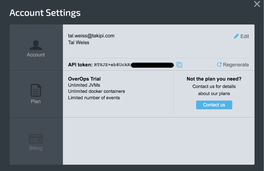 Obtaining your API key from the OverOps Account screen.